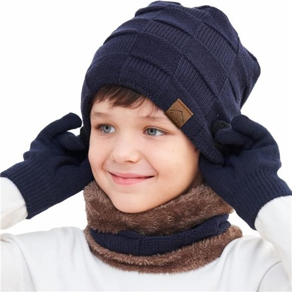Kids Winter Beanie Hat Scarf Touchscreen Gloves Set for Boys Girls 4-15 Years - Picture 1 of 12